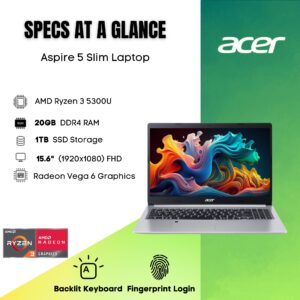 acer Aspire 5 Laptop, AMD Ryzen 3 5300U Quad-Core Processor, 15.6" FHD IPS Display, 20 GB DDR4 RAM, 1 TB PCIe SSD, HDMI, Fingerprint, Wi-Fi 6, Backlit Keyboard, Windows 11 Home S Mode