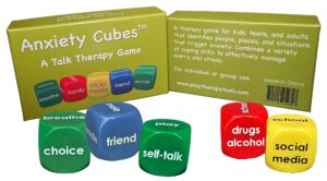 anxiety cubes therapy game identifies people, places and situations that trigger anxiety. for kids, teens, adults. learn coping skills for difficult emotions. individual or group sessions.