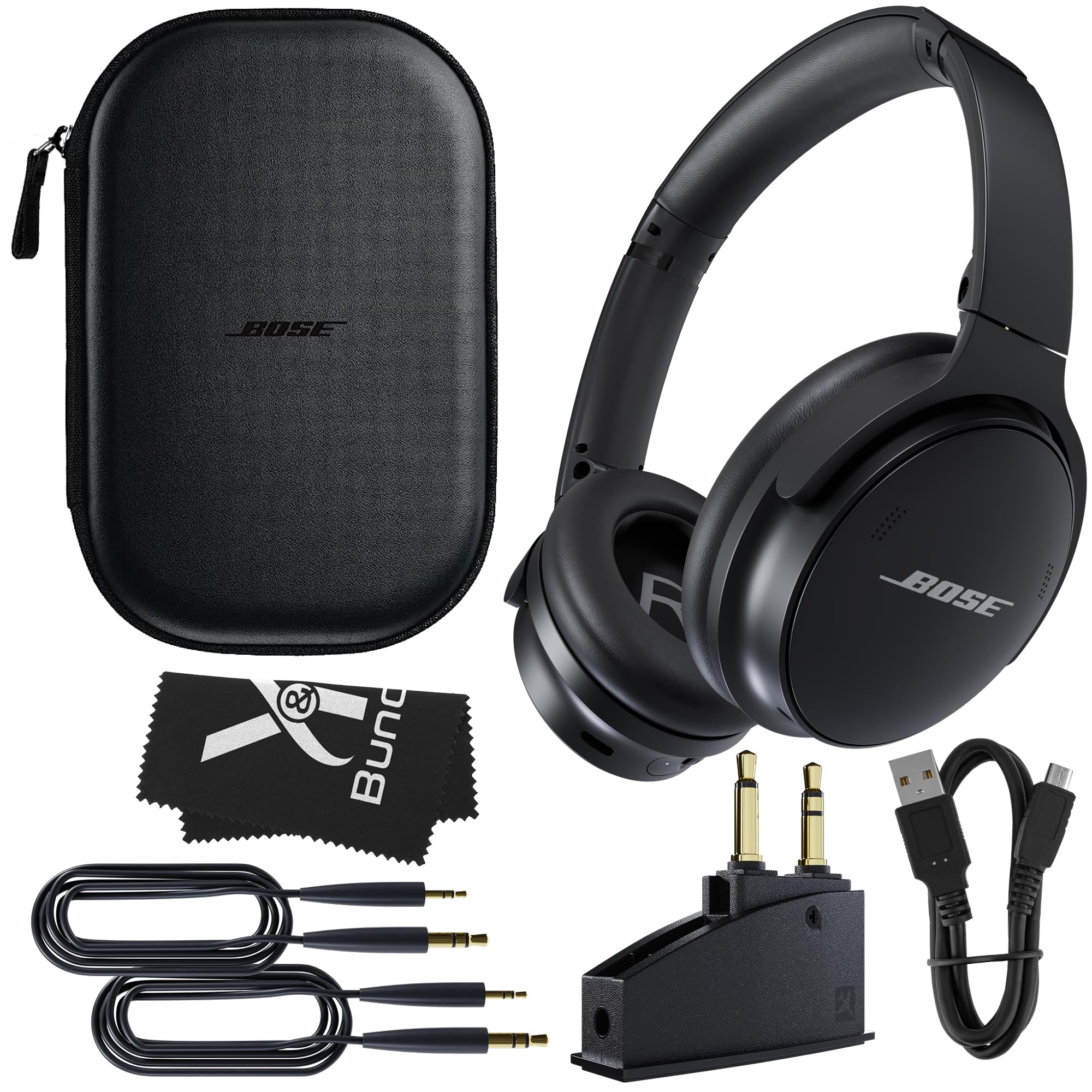 Bose QuietComfort Headphones Bundle with QC15 Airplane Jack Adapter and Cable -Wireless Over-Ear Bluetooth Bose Headphones - Noise Cancelling Headphones with Up to 24 Hours of Battery Life (Black)