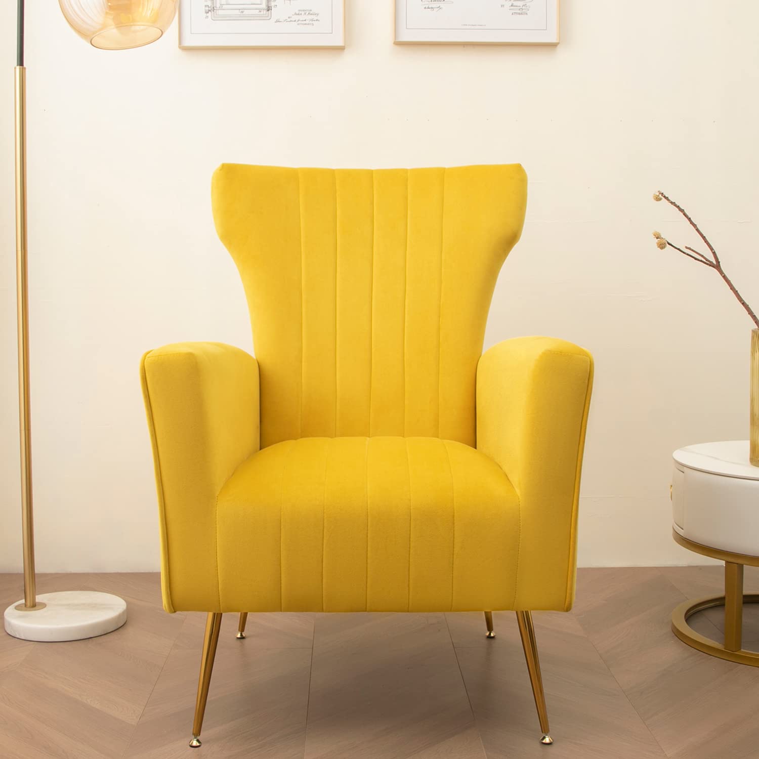 Gustonhon Velvet Accent Chair,Upholstered Wingback Armchair,Modern High Back Single Sofa,Comfy Leisure Upholstered Club Chair Padding Seat with Gold Metal Legs for Living Room Bedroom (Yellow)