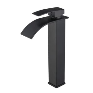 wanjinli bathroom vessel sink faucet matte black tall waterfall single handle one hole deck mount mixer bowl tap with large rectangular spout bar sink faucet lavatory vanity with overflow