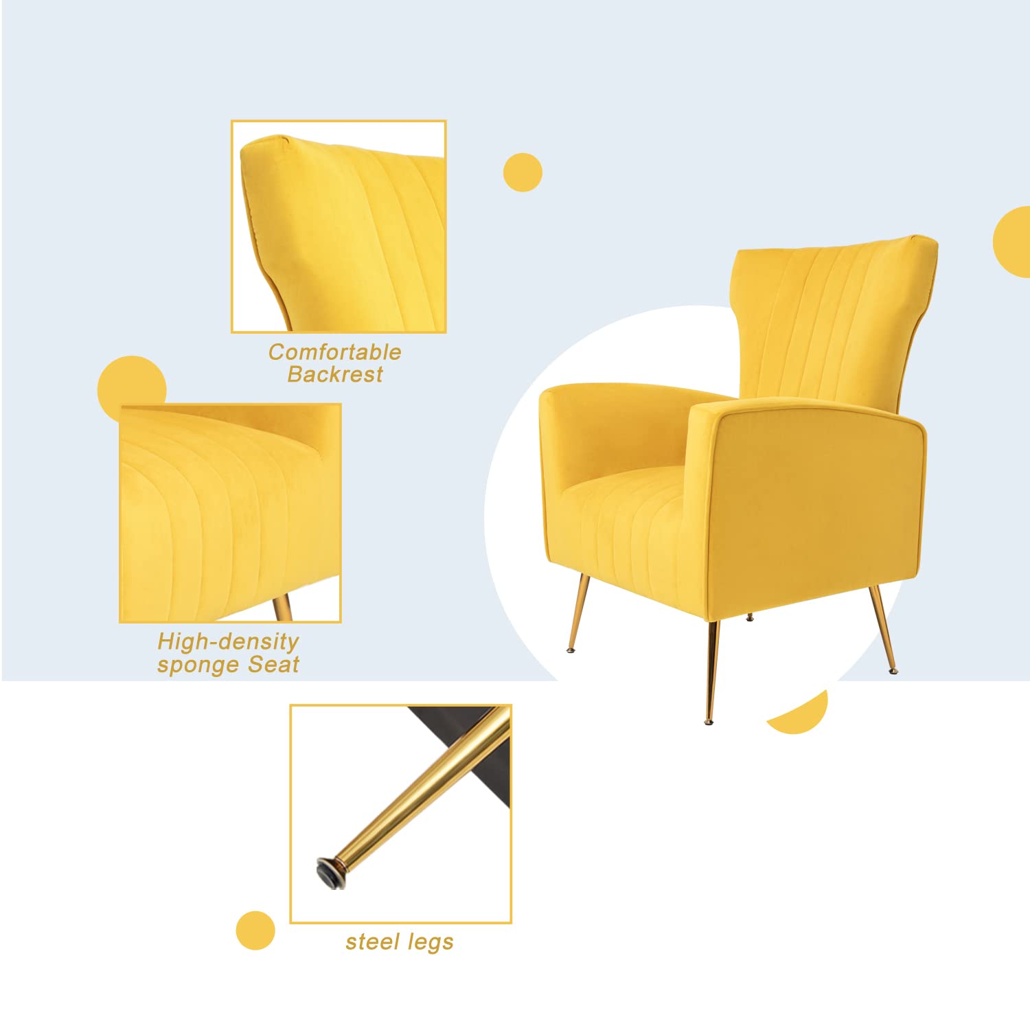 Gustonhon Velvet Accent Chair,Upholstered Wingback Armchair,Modern High Back Single Sofa,Comfy Leisure Upholstered Club Chair Padding Seat with Gold Metal Legs for Living Room Bedroom (Yellow)