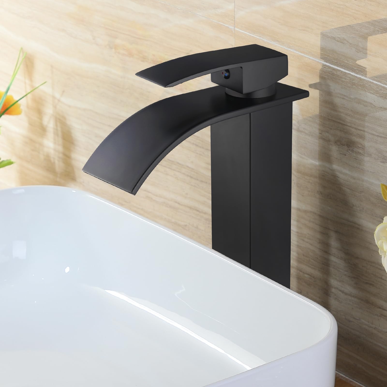 WANJINLI Bathroom Vessel Sink Faucet Matte Black Tall Waterfall Single Handle One Hole Deck Mount Mixer Bowl Tap with Large Rectangular Spout Bar Sink Faucet Lavatory Vanity with Overflow