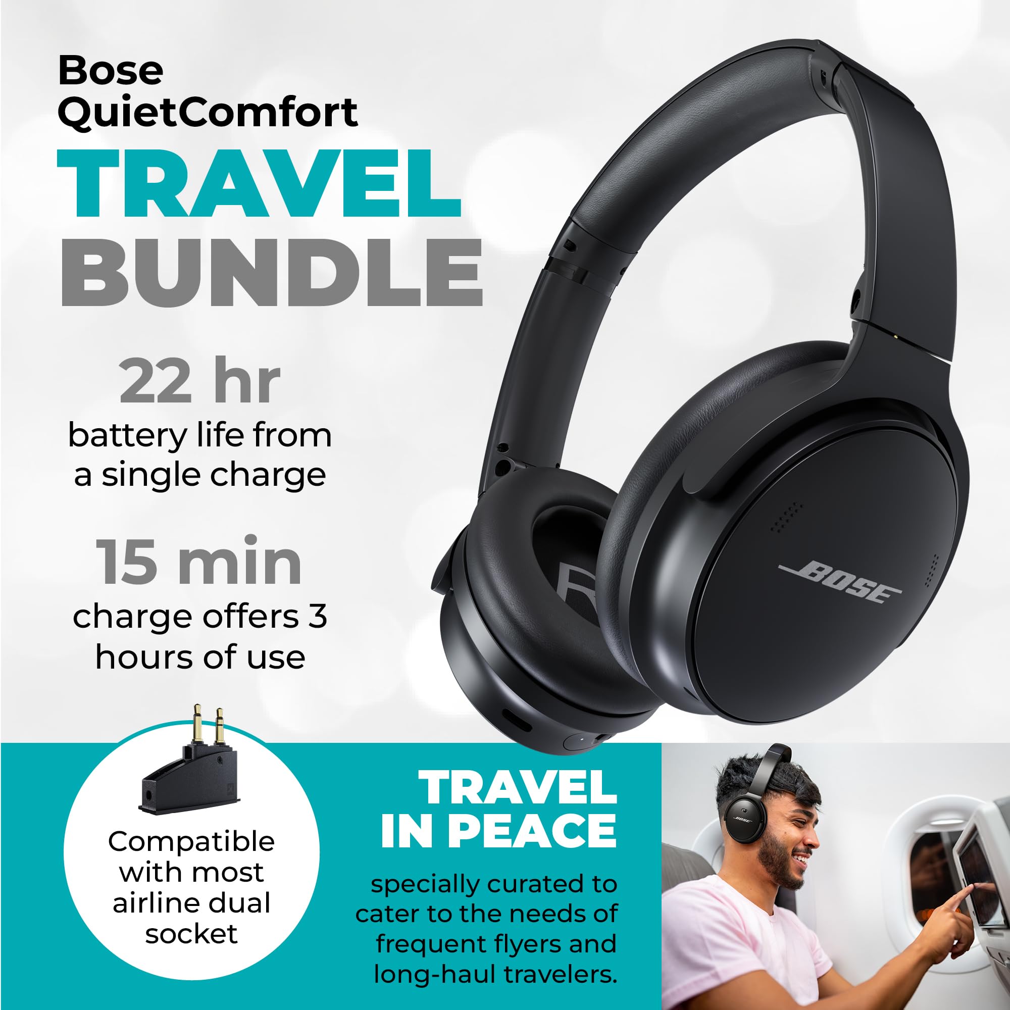 Bose QuietComfort Headphones Bundle with QC15 Airplane Jack Adapter and Cable -Wireless Over-Ear Bluetooth Bose Headphones - Noise Cancelling Headphones with Up to 24 Hours of Battery Life (Black)