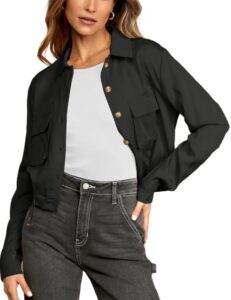 vimyig lightweight black cargo jacket women casual button down cropped jackets with pockets(black-xl)