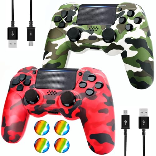 Dliaonew Wireless Controller for PS4, 2 Pack Remote Control Compatible with PS4/Slim/Pro with Dual Vibration/Audio/Six-axis Motion Sensor/Game Joystick - Camo Red + Camo Green