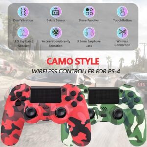 Dliaonew Wireless Controller for PS4, 2 Pack Remote Control Compatible with PS4/Slim/Pro with Dual Vibration/Audio/Six-axis Motion Sensor/Game Joystick - Camo Red + Camo Green