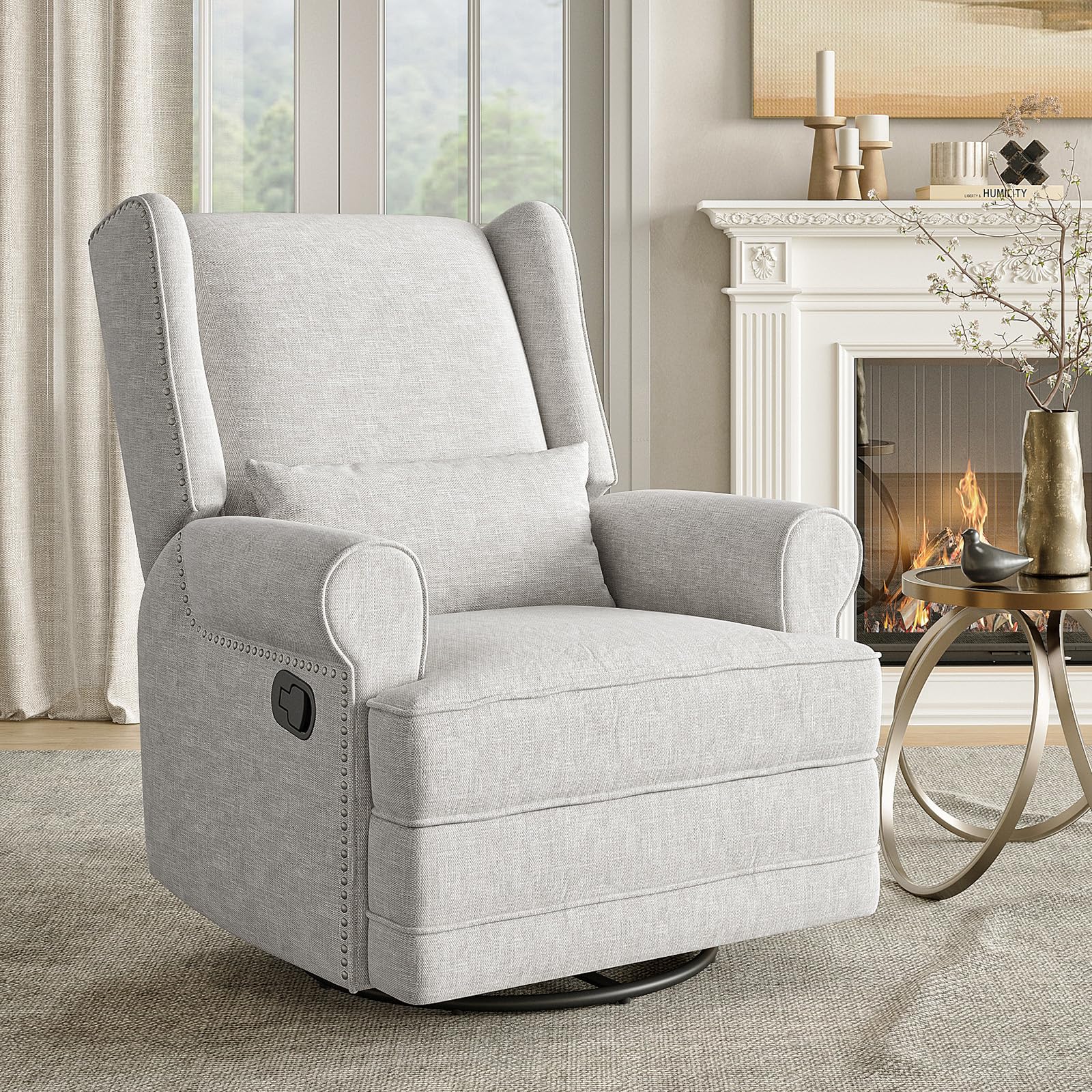 FansaFurn Recliner Comfy Upholstered Glider Lumbar Pillow and Footrest, Swivel Rocking Chair for Living Room, Grey