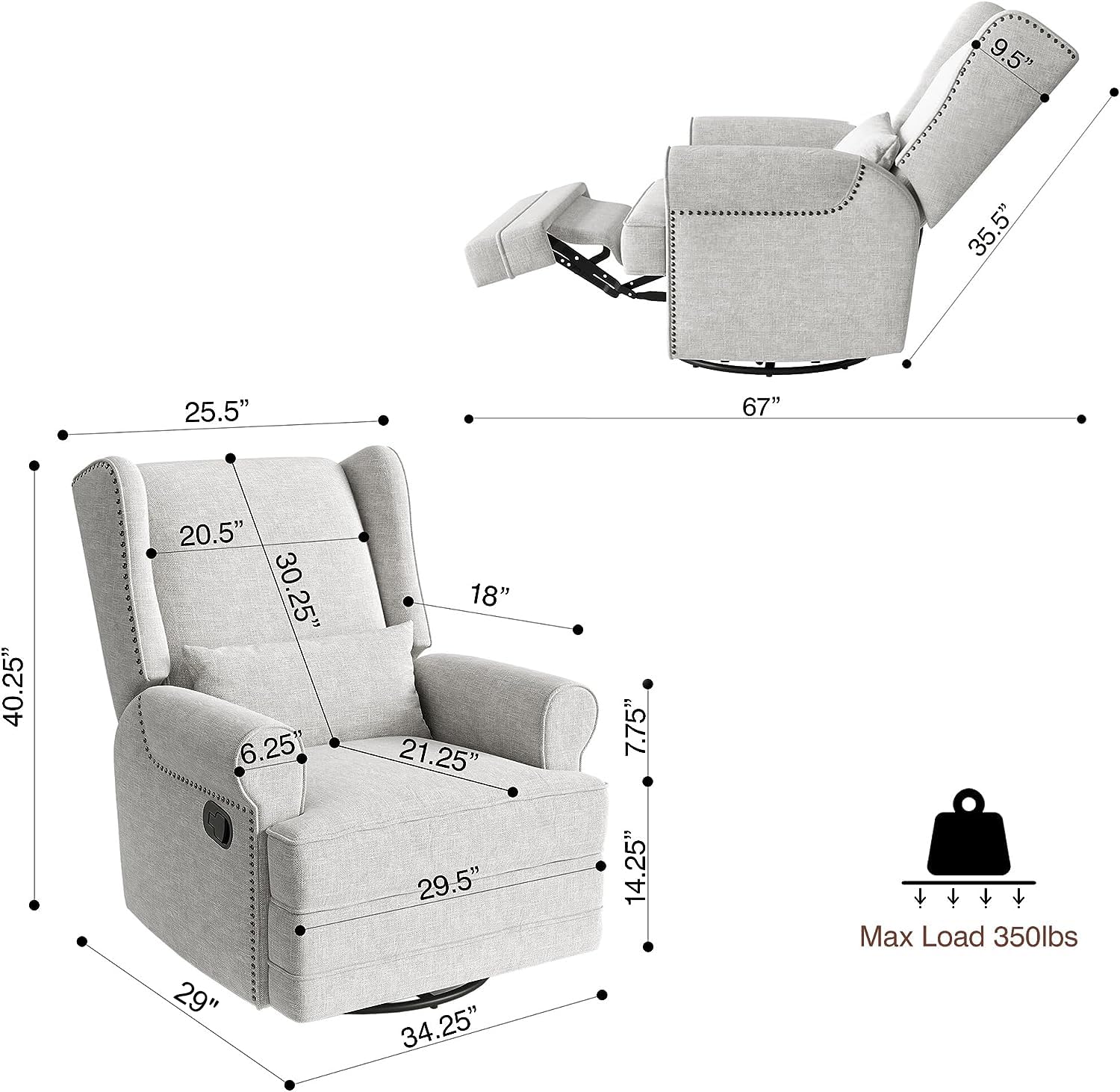 FansaFurn Recliner Comfy Upholstered Glider Lumbar Pillow and Footrest, Swivel Rocking Chair for Living Room, Grey