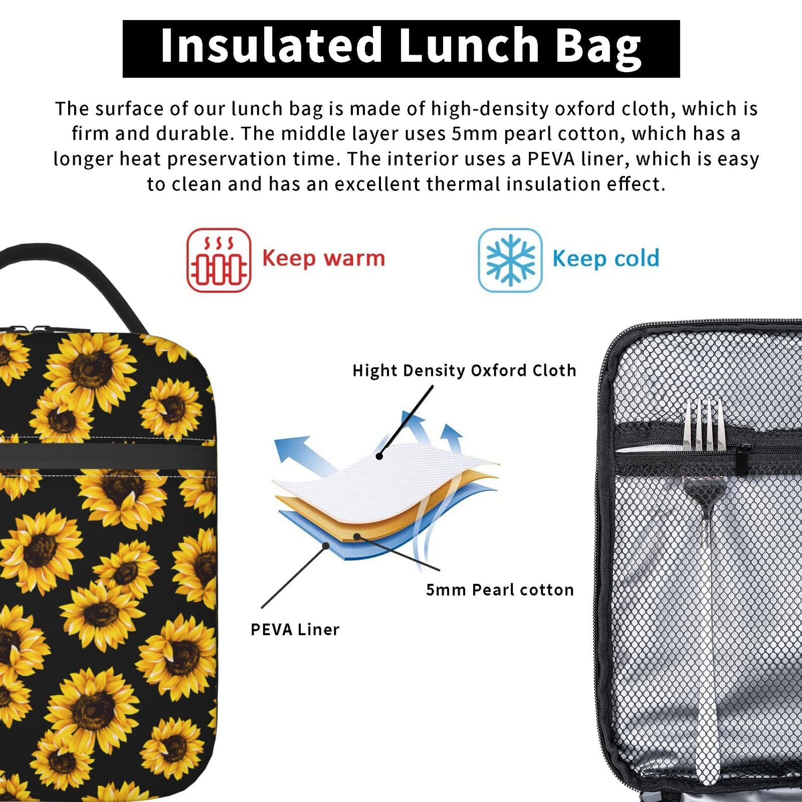 Durable Insulated Lunch Box, Reusable Adults Lunch Bag For Men And Women, Perfect For Work Picnics, Sunflower