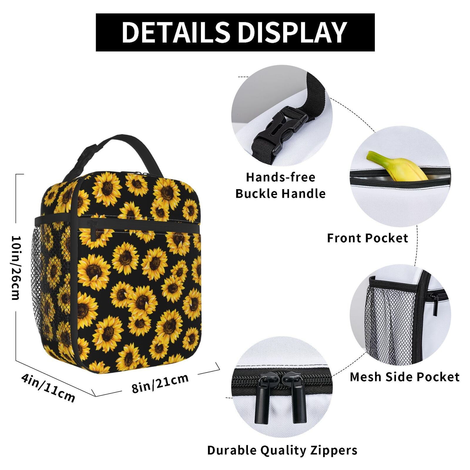 Durable Insulated Lunch Box, Reusable Adults Lunch Bag For Men And Women, Perfect For Work Picnics, Sunflower