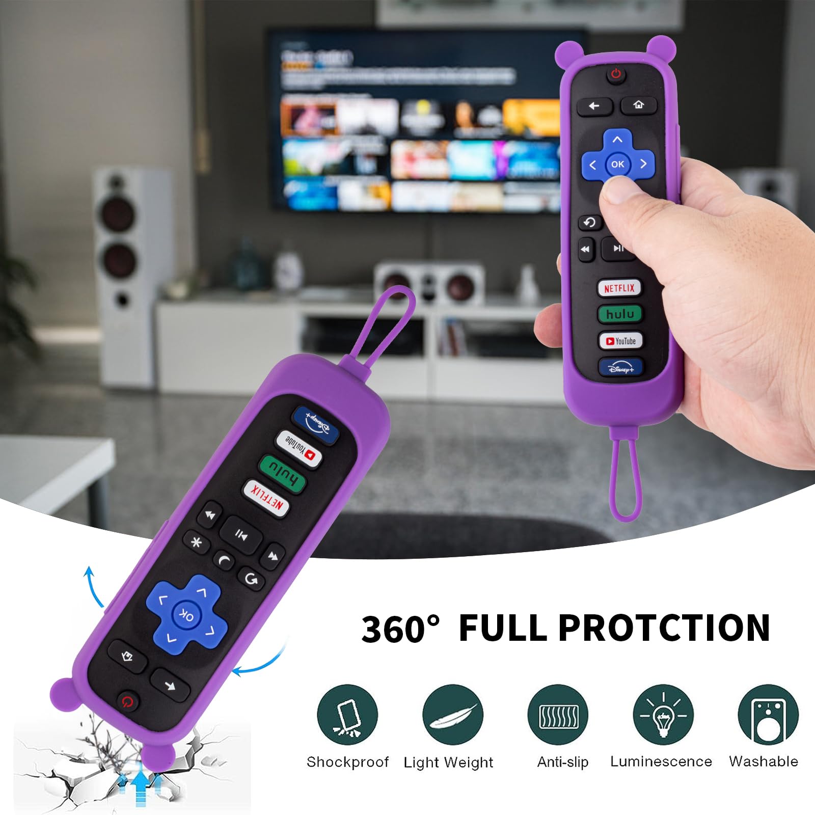 2 Pack Cute Roku Remote Cover, Silicone Protective Case for Roku TV TCL Roku 2/3/4 /Express/Premiere/Voice/Streaming Stick/Ultra RC280 Anti Slip Remote Sleeve Skin (Purple not Glow + Pink not Glow)