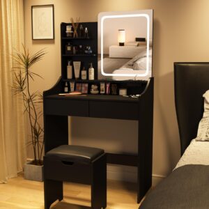 Vabches Vanity Desk with LED Light Mirror and Charging Station, Small Cute Vanity Set with 4 Storage Shelves 2 Drawers, Vanity for Girls Women with Storage Stool, Vanity Table for Bedroom (Black)