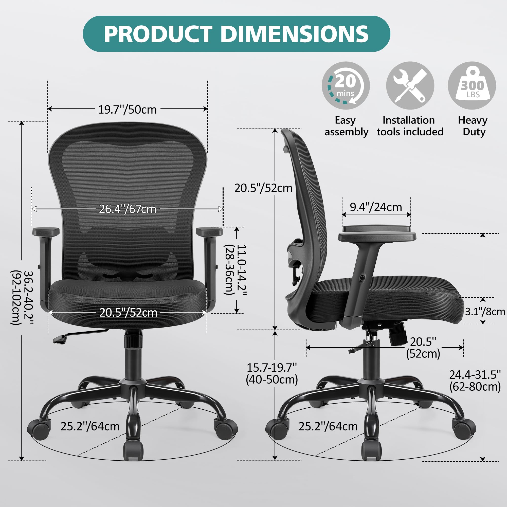 Primy Office Chair Ergonomic Computer Desk Chair, High Back Breathable Mesh Chair with Adjustable Lumbar Support 2D Armrests, Executive Rolling Swivel Comfy Task Chair with Wheels for Home Work Gaming