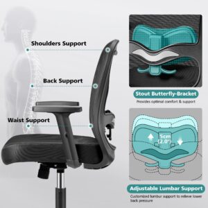 Primy Office Chair Ergonomic Computer Desk Chair, High Back Breathable Mesh Chair with Adjustable Lumbar Support 2D Armrests, Executive Rolling Swivel Comfy Task Chair with Wheels for Home Work Gaming