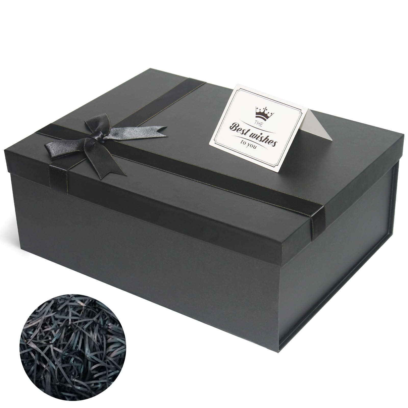 Eerbaier Large Gift Box with Lid 13 x 9.9 x 5 Inches - Black Gift Box with Ribbon Row,Card & Shredded Paper Filler - Ideal Gift Box for Presents Wrapping