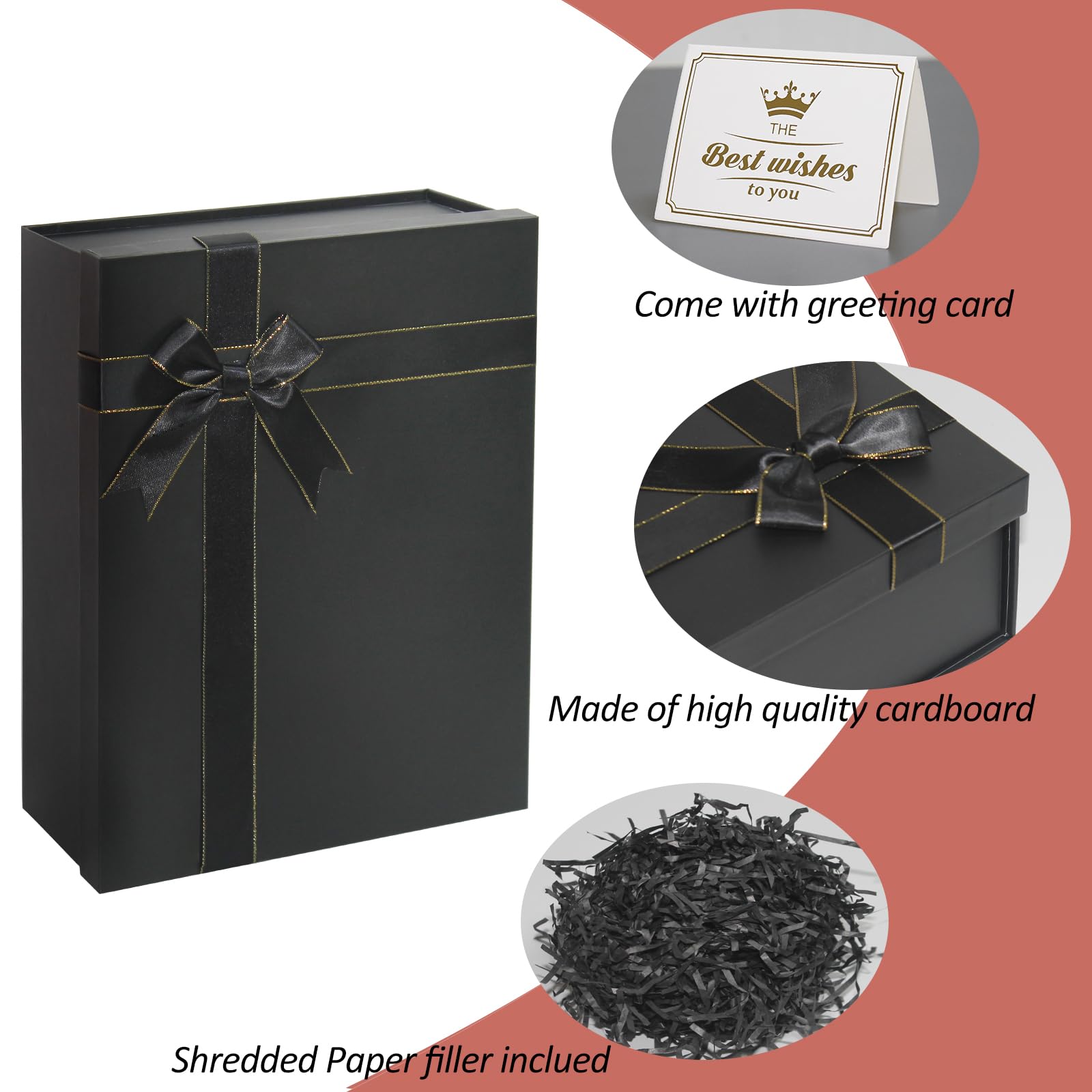 Eerbaier Large Gift Box with Lid 13 x 9.9 x 5 Inches - Black Gift Box with Ribbon Row,Card & Shredded Paper Filler - Ideal Gift Box for Presents Wrapping