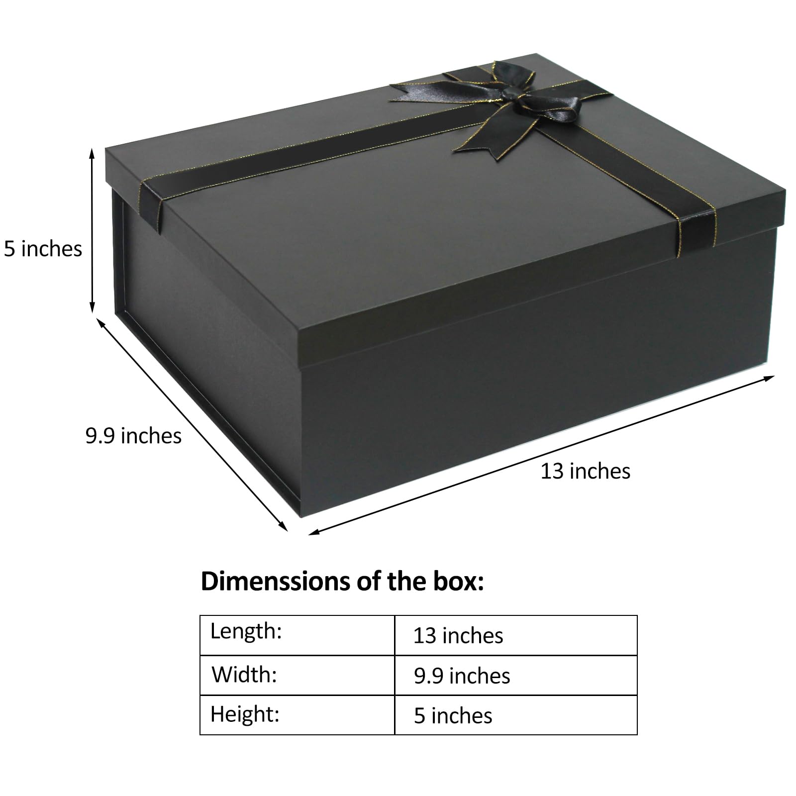 Eerbaier Large Gift Box with Lid 13 x 9.9 x 5 Inches - Black Gift Box with Ribbon Row,Card & Shredded Paper Filler - Ideal Gift Box for Presents Wrapping