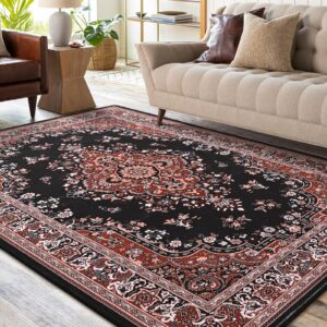 HOMORE 5x7 Area Rugs, Red Washable Rugs for Living Room, Non Slip Vintage Rug Faux Wool Floral Rug for Bedroom Dining Room, Soft Thin Carpet Rug for Farmhouse Kids Room Dorm Decor