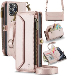 strapurs crossbody for iphone 15 pro case wallet【rfid blocking】with 7-card holder zipper bills slot, soft pu leather magnetic flip wrist shoulder strap for iphone 15 pro wallet case for women,rosegold