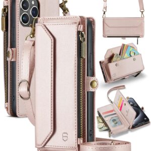 Strapurs Crossbody for iPhone 15 Pro Case Wallet【RFID Blocking】with 7-Card Holder Zipper Bills Slot, Soft PU Leather Magnetic Flip Wrist Shoulder Strap for iPhone 15 Pro Wallet Case for Women,RoseGold