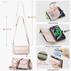 Strapurs Crossbody for iPhone 15 Pro Case Wallet【RFID Blocking】with 7-Card Holder Zipper Bills Slot, Soft PU Leather Magnetic Flip Wrist Shoulder Strap for iPhone 15 Pro Wallet Case for Women,RoseGold