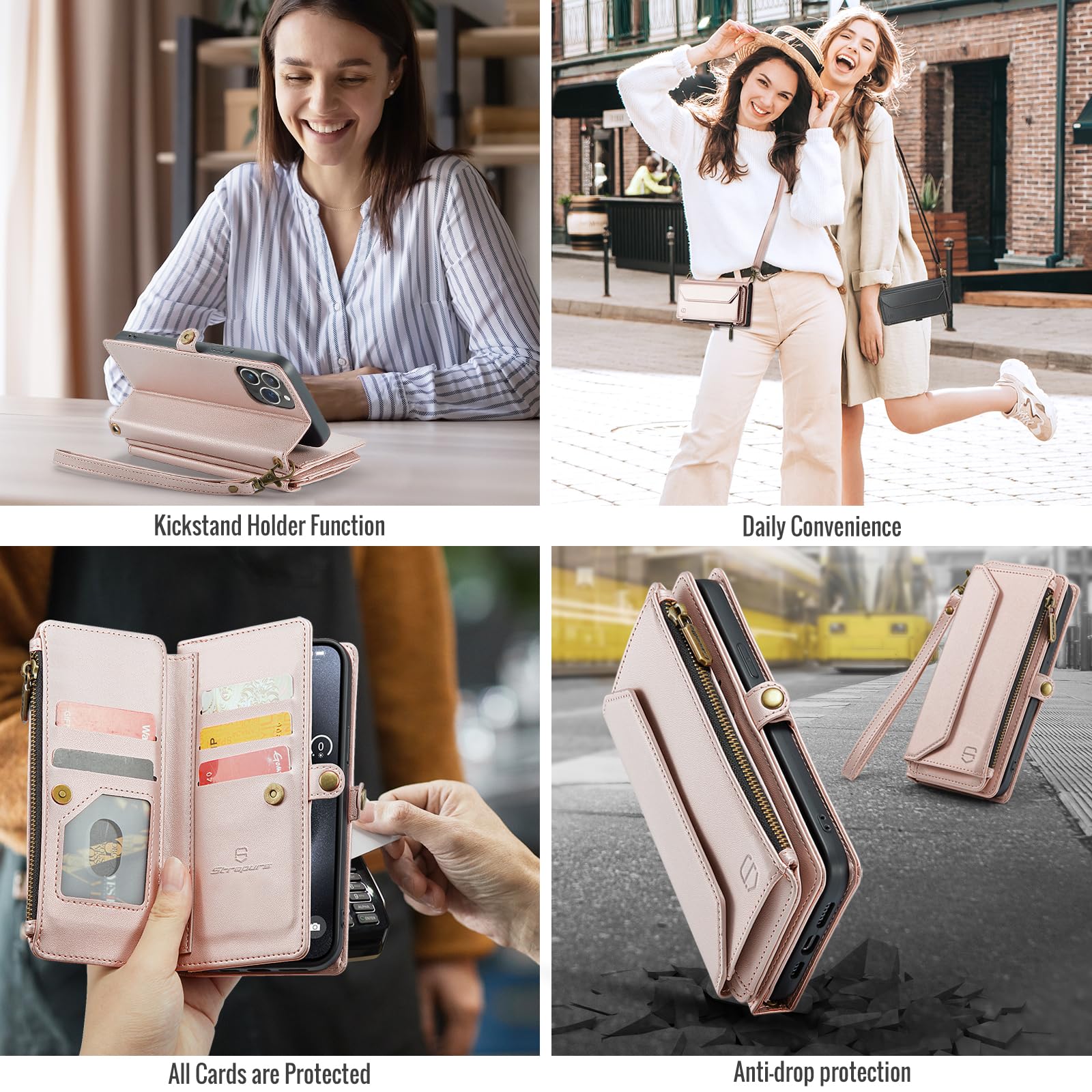 Strapurs Crossbody for iPhone 15 Pro Case Wallet【RFID Blocking】with 7-Card Holder Zipper Bills Slot, Soft PU Leather Magnetic Flip Wrist Shoulder Strap for iPhone 15 Pro Wallet Case for Women,RoseGold