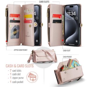 Strapurs Crossbody for iPhone 15 Pro Case Wallet【RFID Blocking】with 7-Card Holder Zipper Bills Slot, Soft PU Leather Magnetic Flip Wrist Shoulder Strap for iPhone 15 Pro Wallet Case for Women,RoseGold