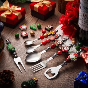 Gisafai 12 Sets Christmas Beadable Spoon Fork Set Beadable Items Christmas Kitchen Utensils Xmas Cutlery Bead Dessert Spoon for Christmas Party Favor Supplies