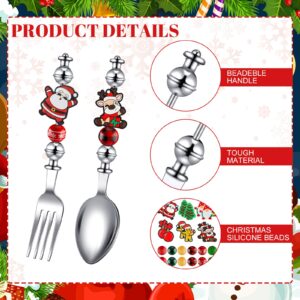 Gisafai 12 Sets Christmas Beadable Spoon Fork Set Beadable Items Christmas Kitchen Utensils Xmas Cutlery Bead Dessert Spoon for Christmas Party Favor Supplies