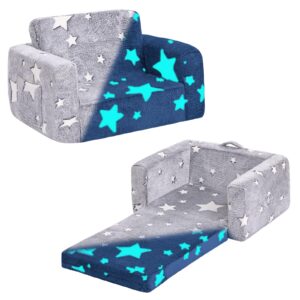 welnow 2-in-1 kids sofa chair, glow in the dark convertible toddler chair flip out children sofa chair folding kids play sofa with side pockets & removable cover armrest chair for girl or boy