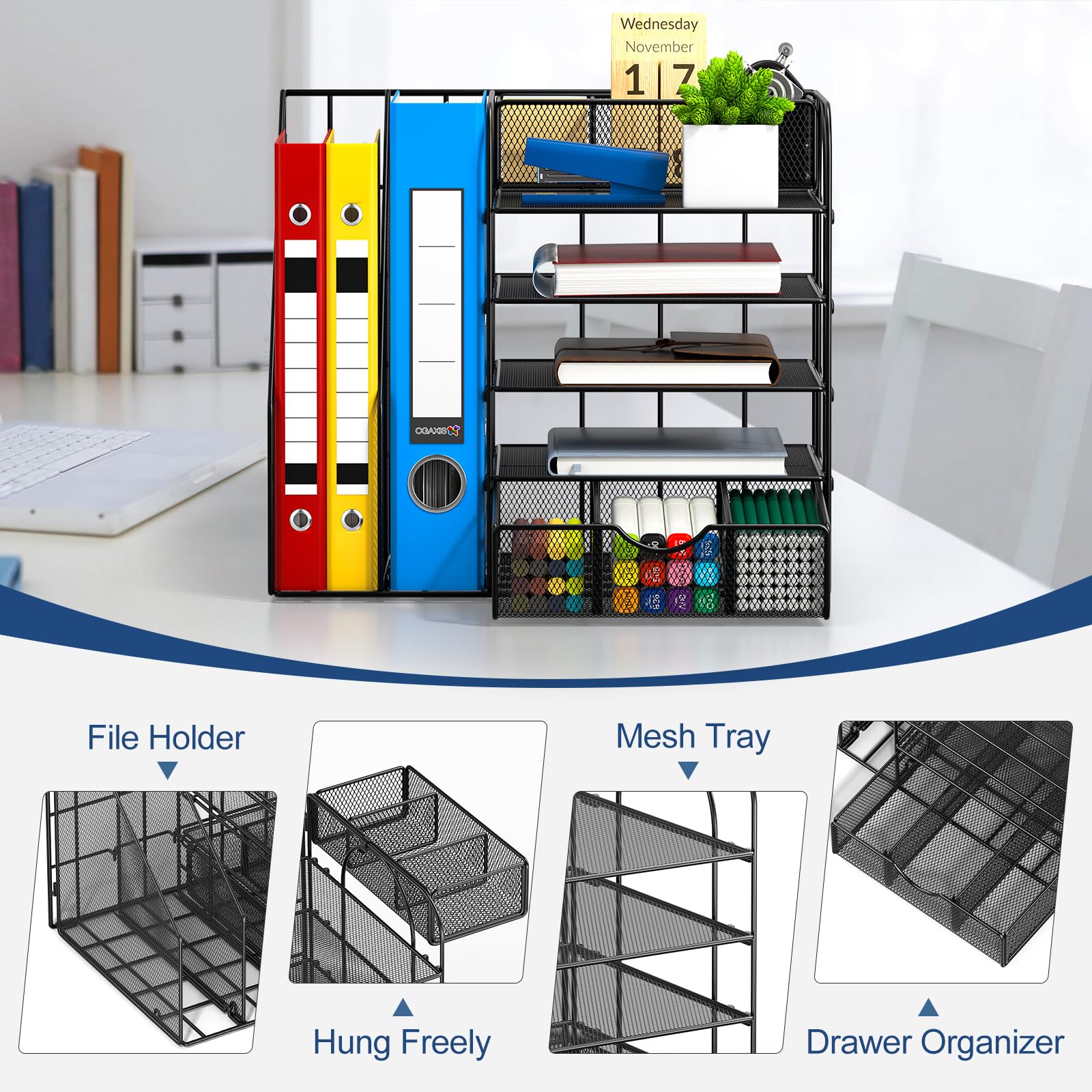 Desk Organizers and Accessories - 5-Tier Desk Organizer Office Supplies with File Holder, Sliding Drawers & Pen Holder, Desktop File Organizer and Storage for Office, School, Home