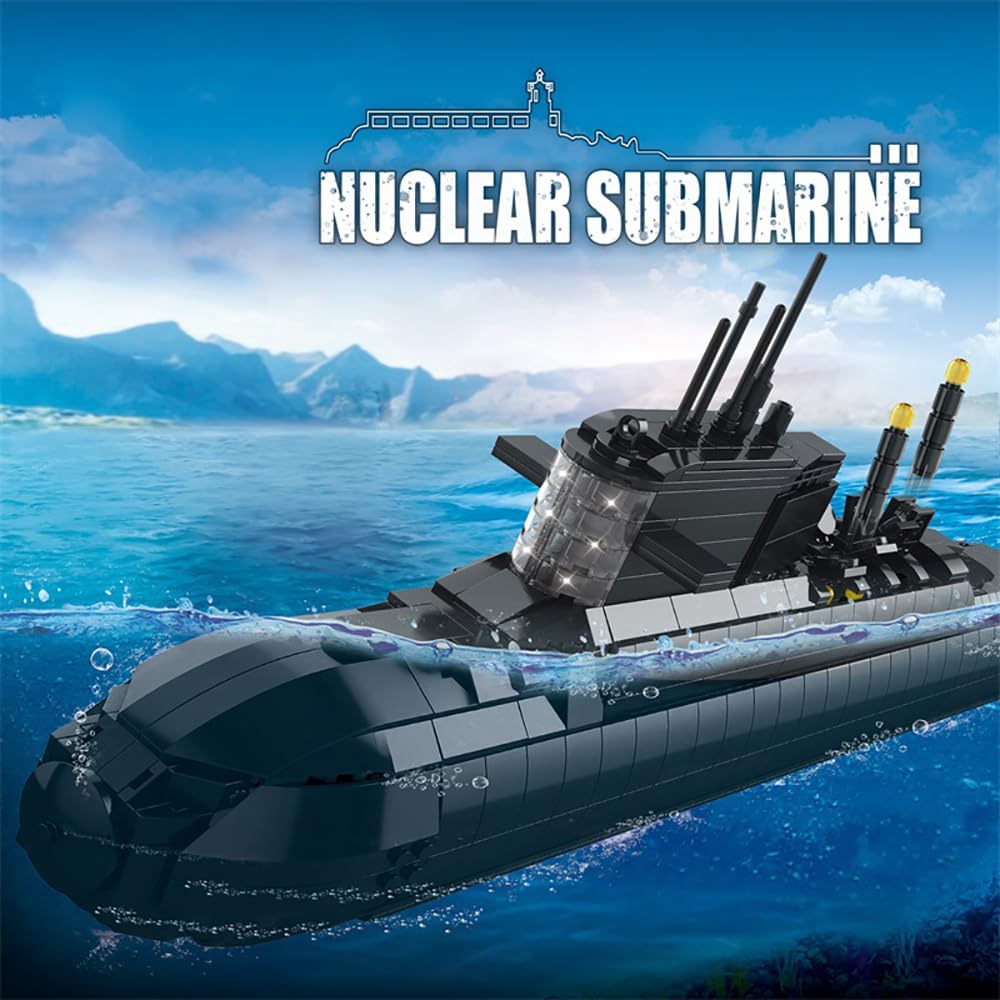 Nuclear Submarine Building Block Sets - Military Submarine Toys with Lights, WW2 History Collectible Home Room Decor Battleship Construction Set Gifts for Boys Teens Adults