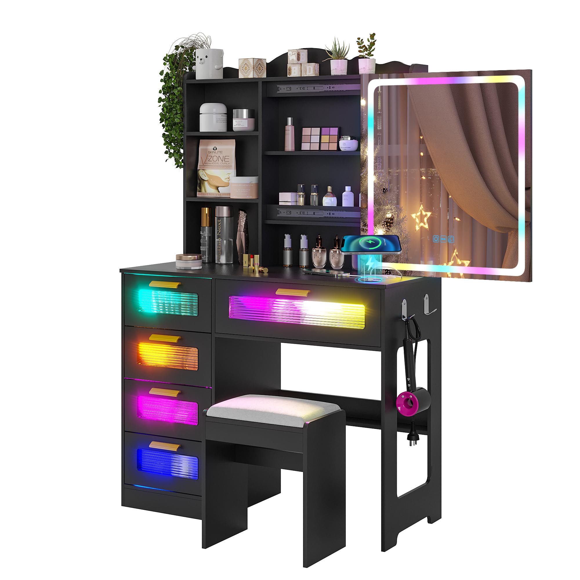 WOOVIVS Vanity Desk with Lights and Sliding Vanity Mirror, Makeup Vanity Desk with Charging Station, Vanities Dressing Table with Stool, Vanity Set with Large Drawers&Shelves for Bedroom, Black