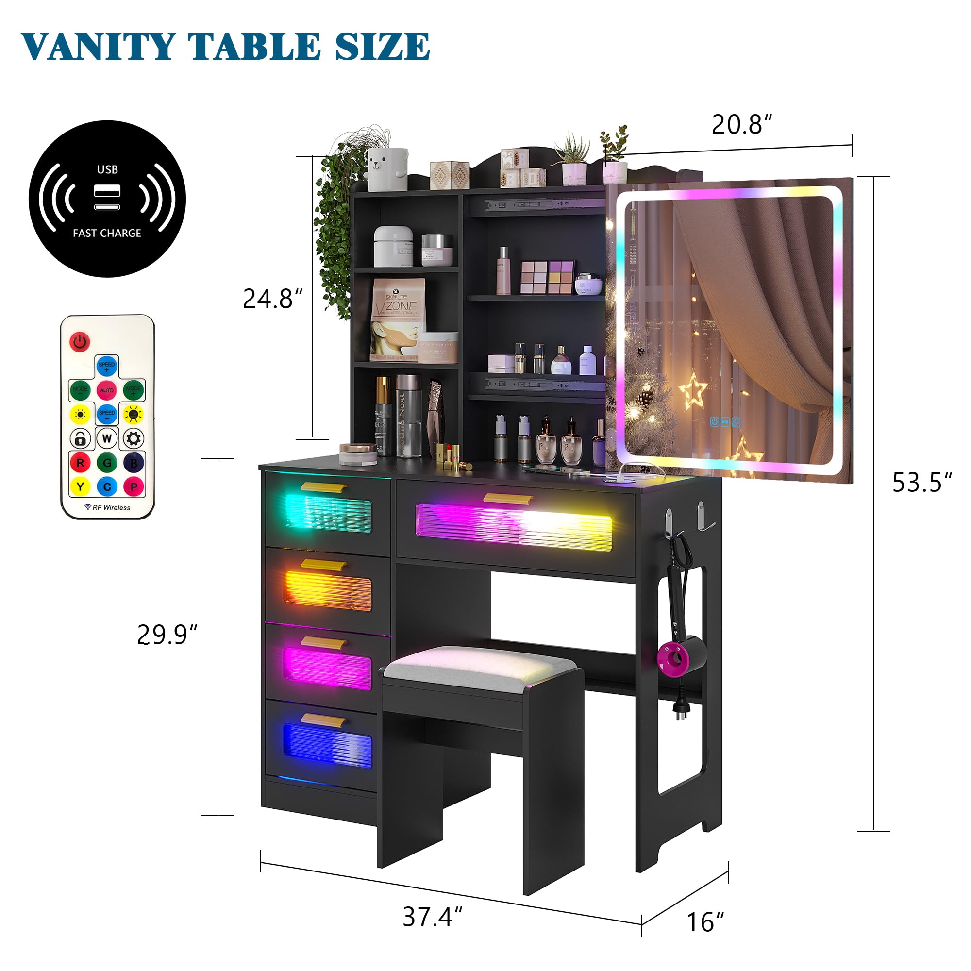 WOOVIVS Vanity Desk with Lights and Sliding Vanity Mirror, Makeup Vanity Desk with Charging Station, Vanities Dressing Table with Stool, Vanity Set with Large Drawers&Shelves for Bedroom, Black