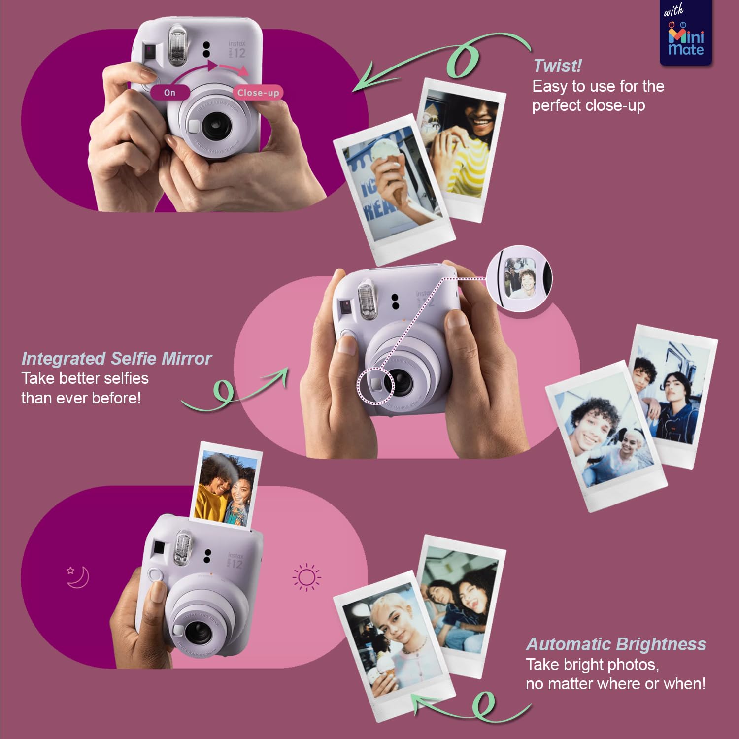 Fujifilm Instax Mini 12 Instant Camera Lilac Purple + Minimate Custom Case + Fuji Instax Film 20 Sheets Twin Pack