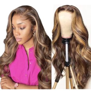 wowqueen ombre lace front wig human hair 4/27 highlight honey blonde 13x4 hd transparent lace front wigs human hair pre plucked colored glueless body wave frontal wigs for women 180% density 26 inch