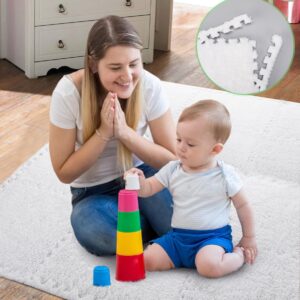 12 pcs Thickened Plush Foam Interlocking Floor Mat, Interlocking Foam Tiles with Edgings for Baby, Soft Anti-Slip Puzzle Area Square Rug Playmat for Children Room Bedroom(11.8", White)