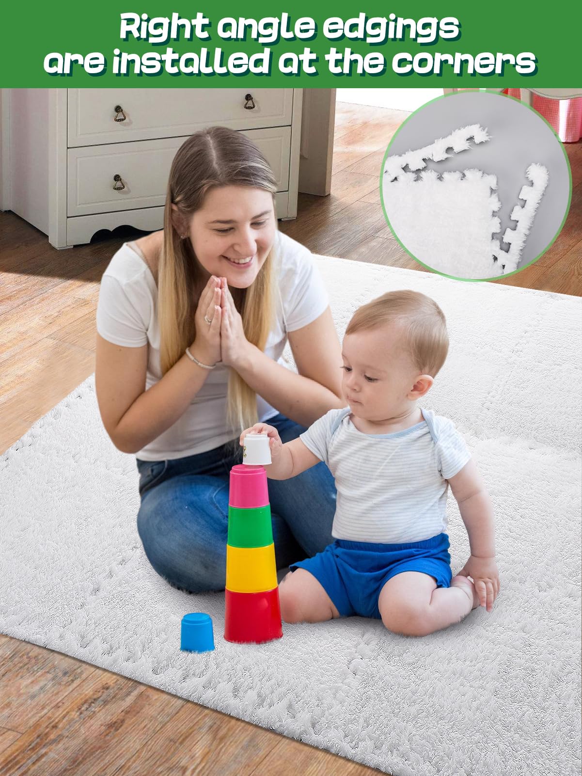 12 pcs Thickened Plush Foam Interlocking Floor Mat, Interlocking Foam Tiles with Edgings for Baby, Soft Anti-Slip Puzzle Area Square Rug Playmat for Children Room Bedroom(11.8", White)