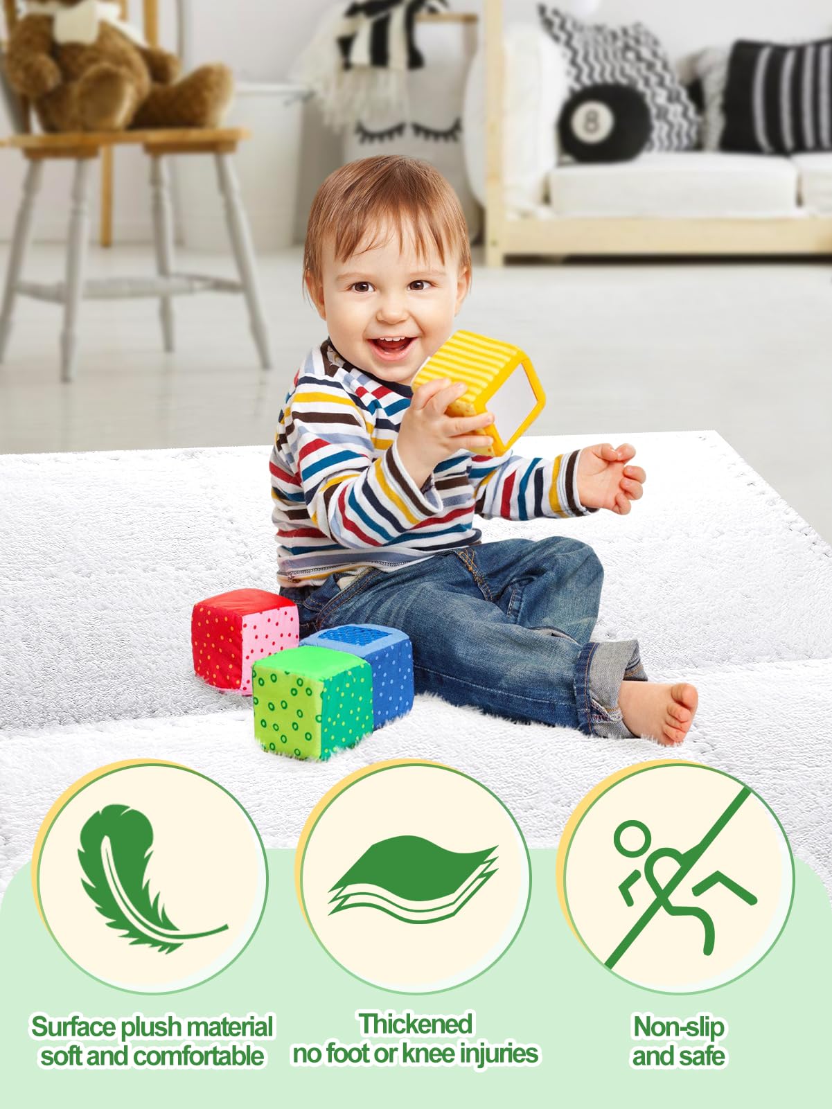 12 pcs Thickened Plush Foam Interlocking Floor Mat, Interlocking Foam Tiles with Edgings for Baby, Soft Anti-Slip Puzzle Area Square Rug Playmat for Children Room Bedroom(11.8", White)