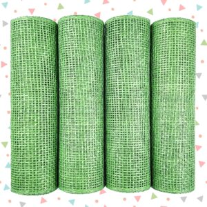 4 Rolls Poly Burlap Mesh 10 inch, Poly Burlap Deco mesh Rolls Green for Christmas Decoration, Wreath Making,DIY Party Wrapping Craft