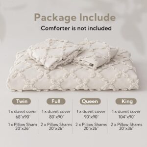 MILDLY Boho Duvet Cover Queen Size, 3 Pieces Shabby Chic Tufted Beige Duvet Cover Sets for Home, Soft Boho Textured Bedding Set for All Seasons