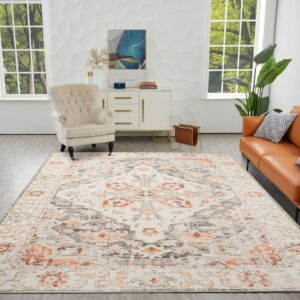 Auemtyn Area Rug, 3x5 Washable Rug for Living Room, Rug with Non-Slip Backing, Stain Resistant Vintage Medallion Rug for Bedroom, Non-Shedding Distressed Rug (3'x5', Beige)