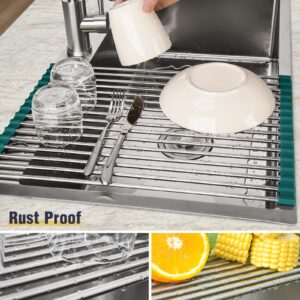 Tomorotec Stainless Steel Roll Up Dish Drying Rack, Foldable Over The Sink Rolling Drainer Rack, Multipurpose Kitchen Gadget Draining Caddy Organizer, Space Saving Sink Accessory Storage Shelf Holder