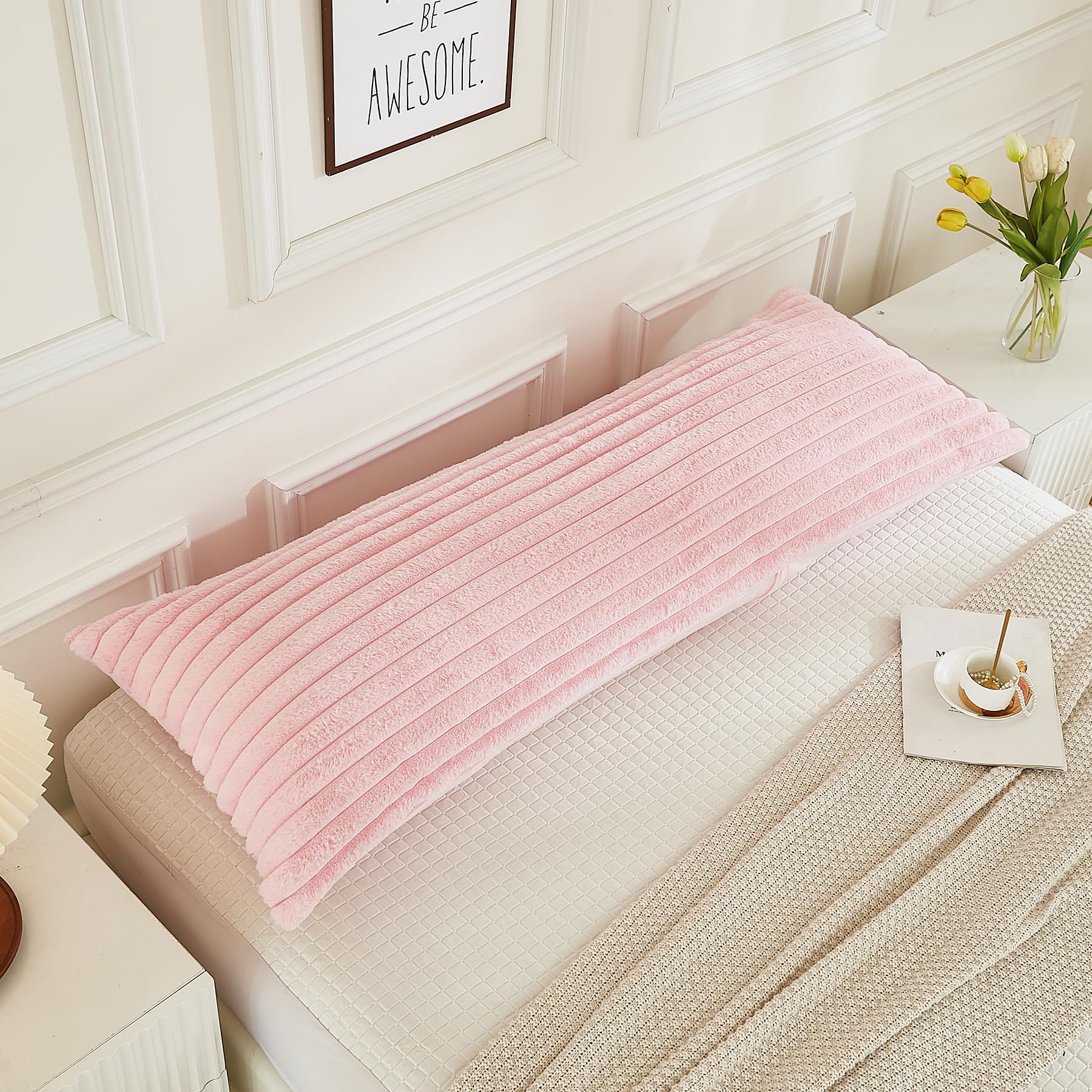 JAUXIO Faux Fur Fluffy Body Pillow Cover Luxury Striped Plush Decorative Body Pillowcase, Ultra Soft and Cozy Zipper Closure 21 x 54 Inches, Pink