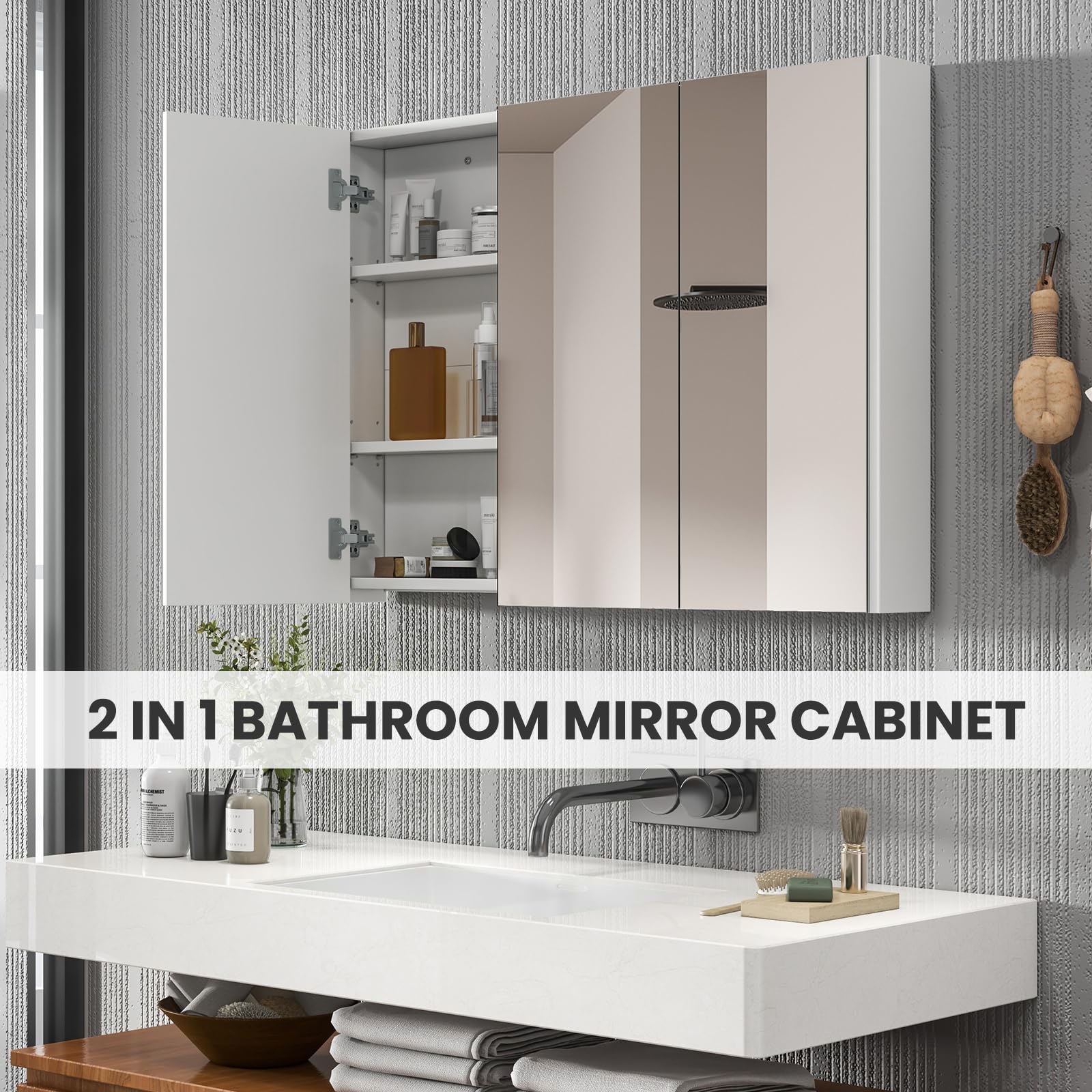 Giantex Bathroom Medicine Cabinet with Mirror - Extra Large Wall Mounted Cabinet with 3 Frameless Mirrored Doors, 2 Adjustable Shelves, 36” x 25.5” Recessed or Surface Mount Bathroom Cabinet