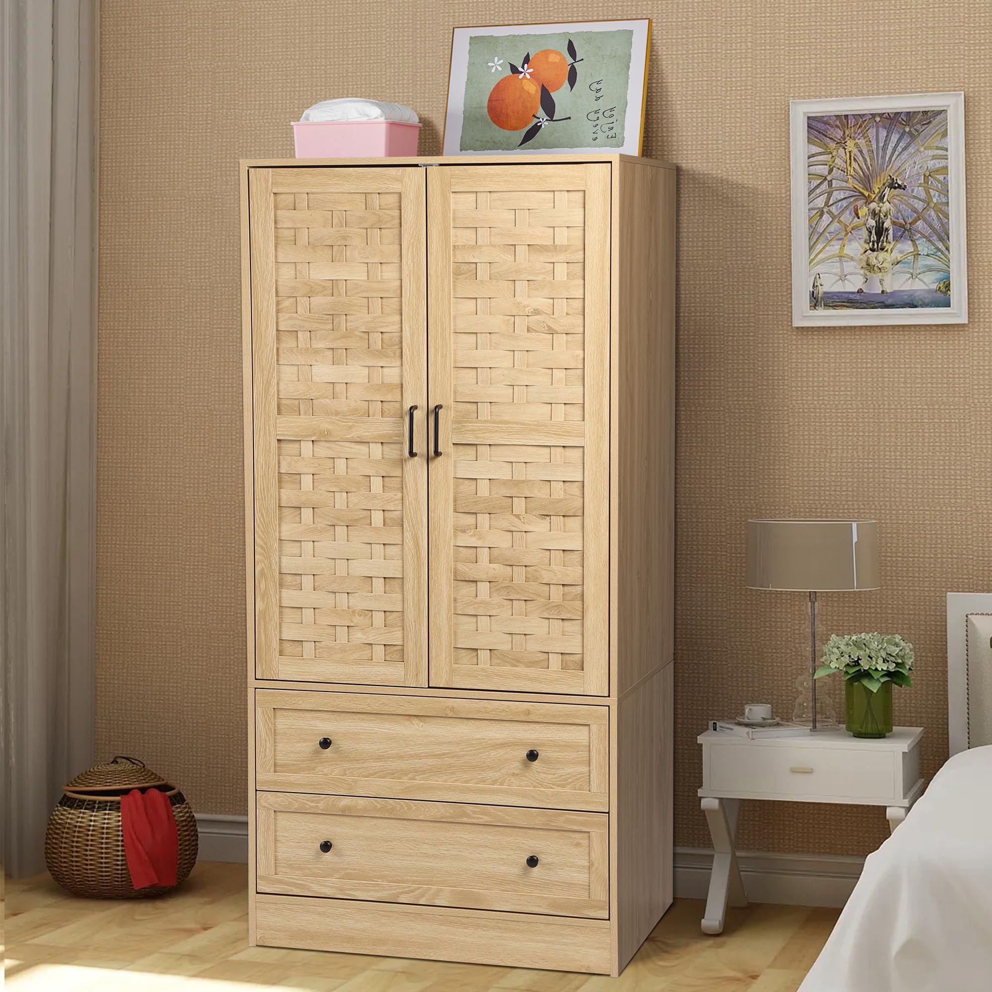 QEIUZON Wardrobe Closet, Freestanding Closet Wardrobe Cabinet with Wide Drawers & Hanging Rod, Armoire for Bedroom, Kids' Room, Dorm (Natural)