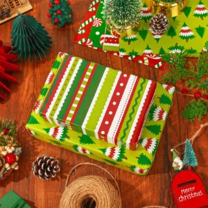 AnyDesign 12 Sheet Christmas Wrapping Paper Red Green Xmas Tree Candy Stripes Gift Wrap Paper Bulk Folded Flat DIY Craft Paper for Birthday Wedding Party Gift Decor, 19.7 x 27.6 In