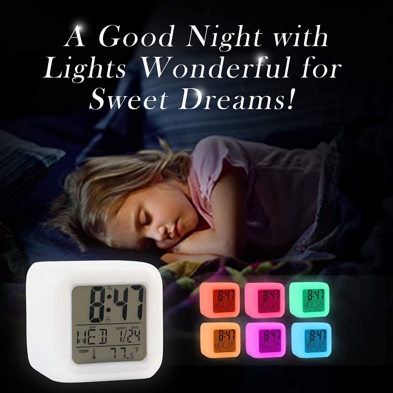 Kids Alarm Clock, Student Digital Clock for Boys Girls, 7 Colors Changing Light Bedside Clock for Children's Bedroom, Digital Alarm Clocks with Snooze, Temperature, Gift Idea for Kids