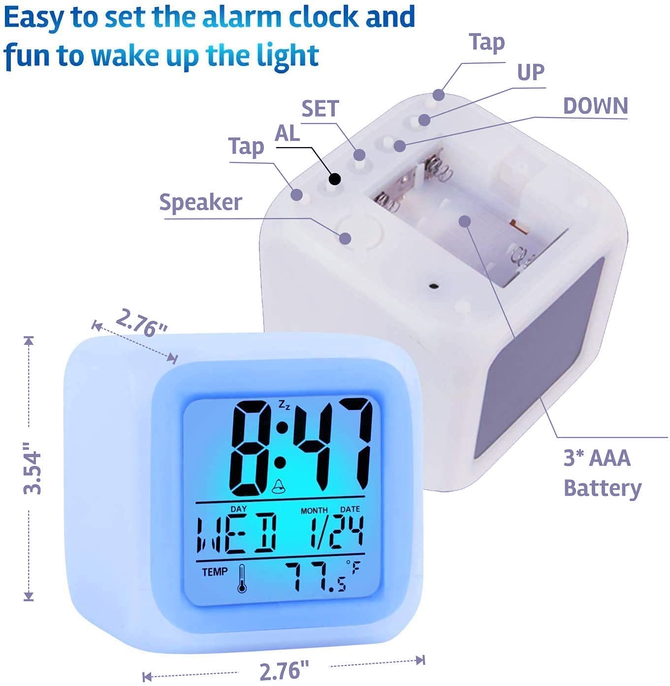 Kids Alarm Clock, Student Digital Clock for Boys Girls, 7 Colors Changing Light Bedside Clock for Children's Bedroom, Digital Alarm Clocks with Snooze, Temperature, Gift Idea for Kids